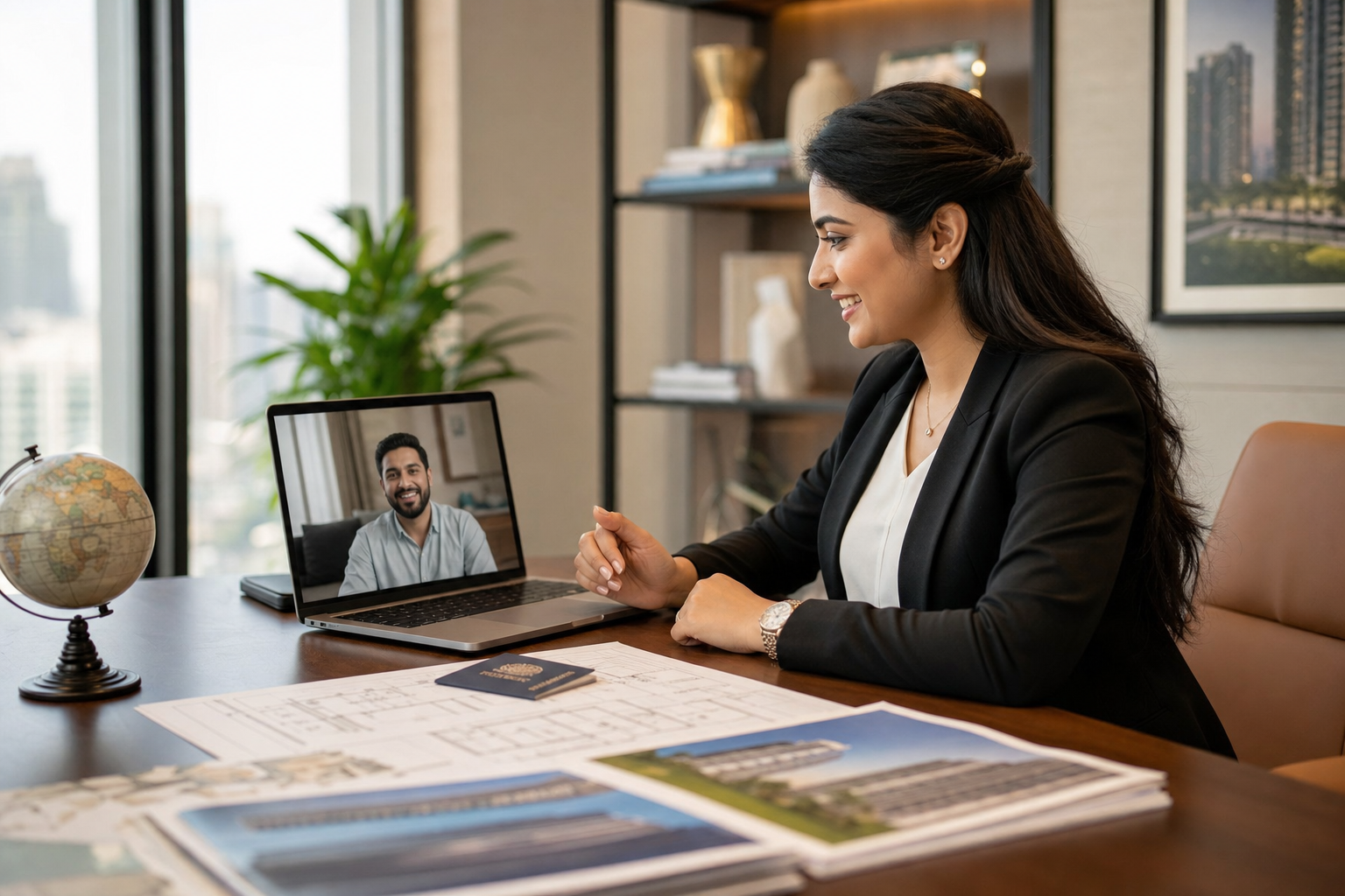 NRI investor receiving property counselling via video call with an Indian real estate advisor